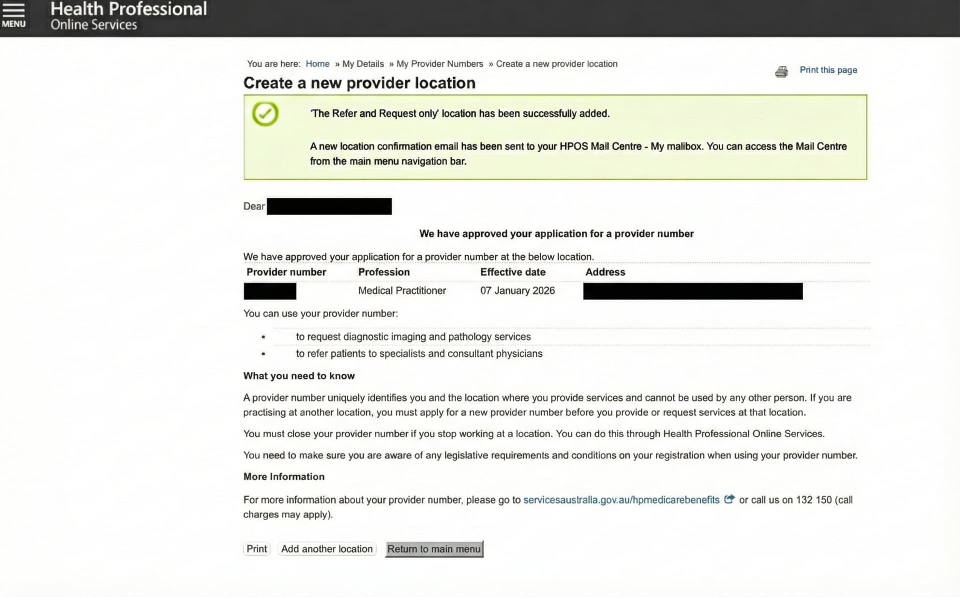 Provider Number Confirmation Screen
