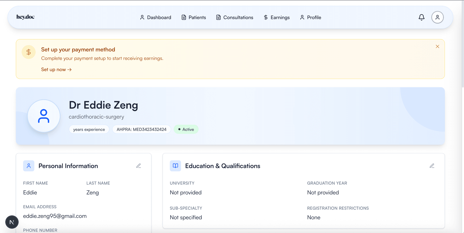 HeyDoc dashboard showing payment setup banner
