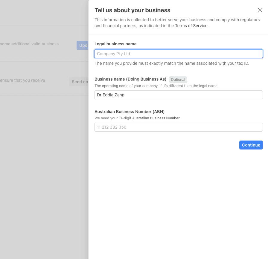 Stripe business information update form