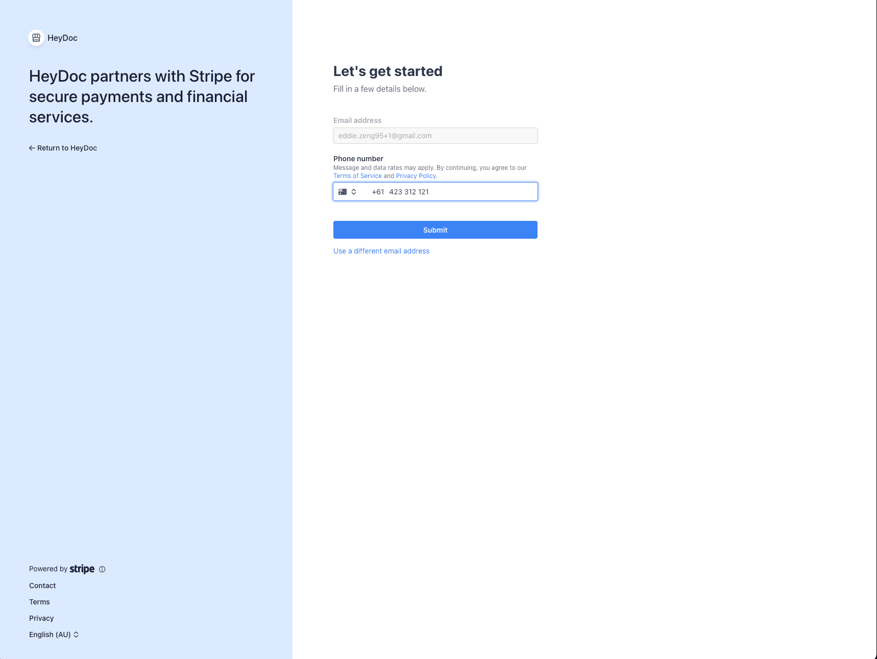 Stripe contact details form