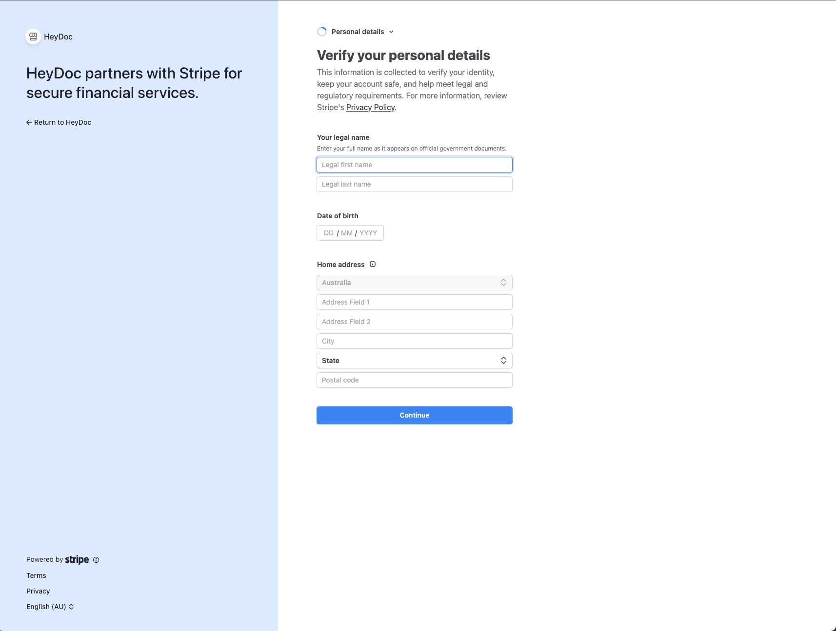 Stripe personal details verification form