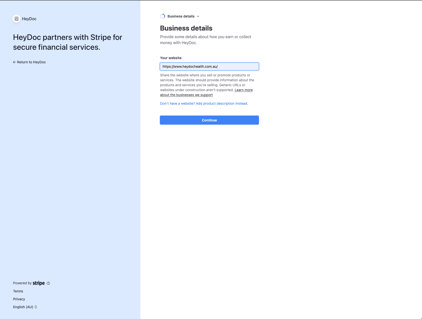 Stripe business details form