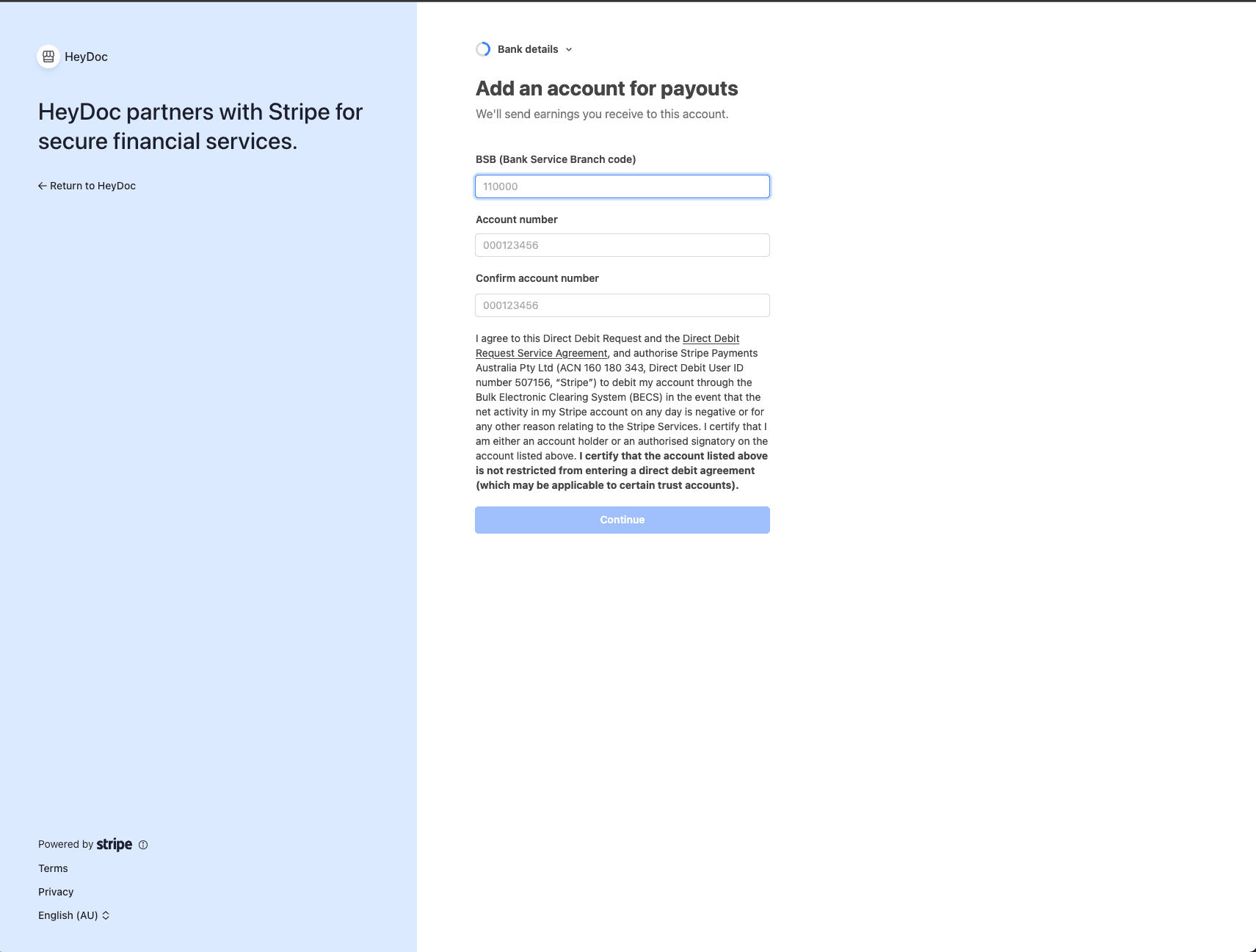 Stripe bank account details form